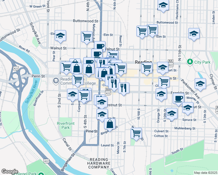 map of restaurants, bars, coffee shops, grocery stores, and more near 522 Franklin Street in Reading