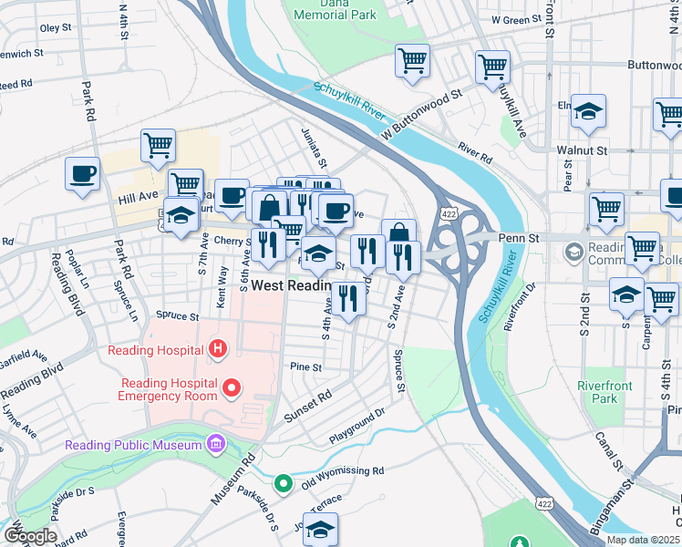 map of restaurants, bars, coffee shops, grocery stores, and more near 121 Obold Street in West Reading