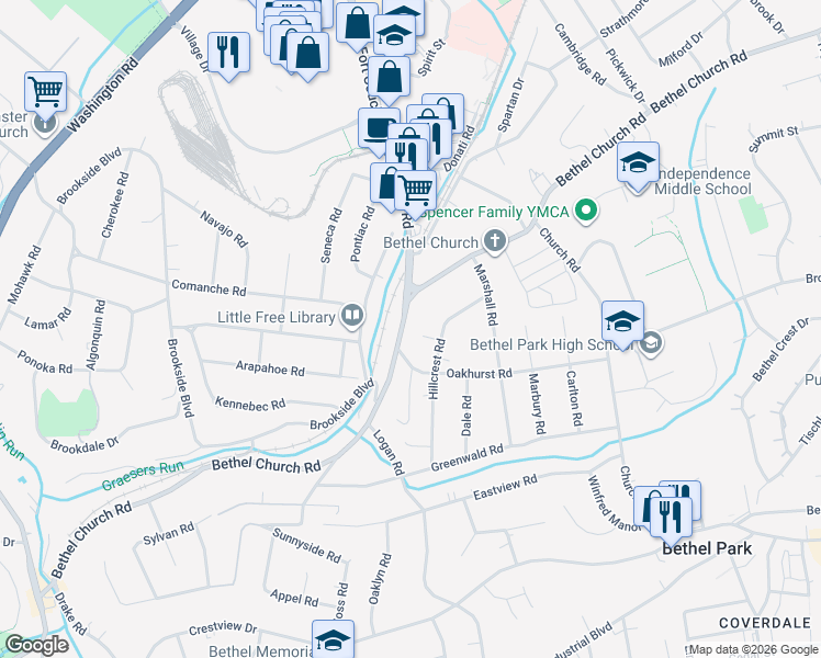 map of restaurants, bars, coffee shops, grocery stores, and more near 3038 Hillcrest Road in Bethel Park