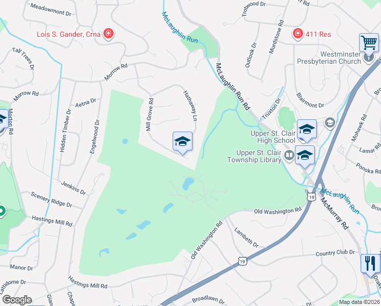map of restaurants, bars, coffee shops, grocery stores, and more near 2424 Mill Grove Road in Pittsburgh