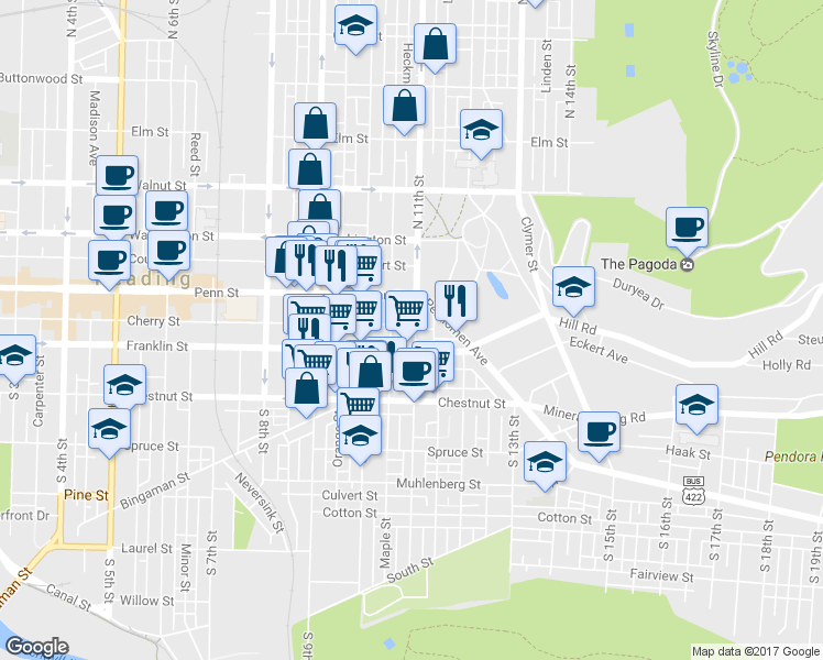 map of restaurants, bars, coffee shops, grocery stores, and more near 30 South 11th Street in Reading