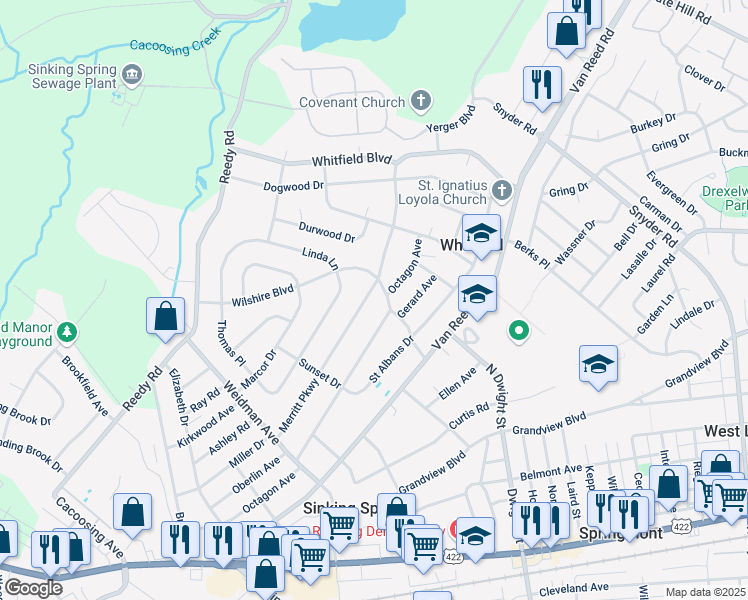 map of restaurants, bars, coffee shops, grocery stores, and more near 3020 Merritt Parkway in Sinking Spring