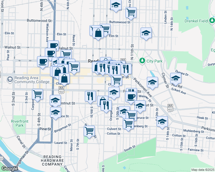 map of restaurants, bars, coffee shops, grocery stores, and more near 33 South 9th Street in Reading