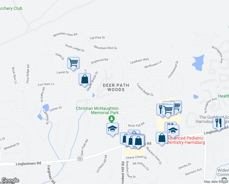 map of restaurants, bars, coffee shops, grocery stores, and more near 159 Oaklea Road in Harrisburg