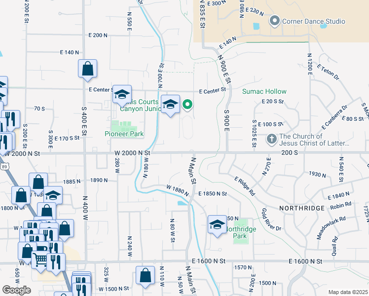 map of restaurants, bars, coffee shops, grocery stores, and more near 1975 North 45 West Street in Orem