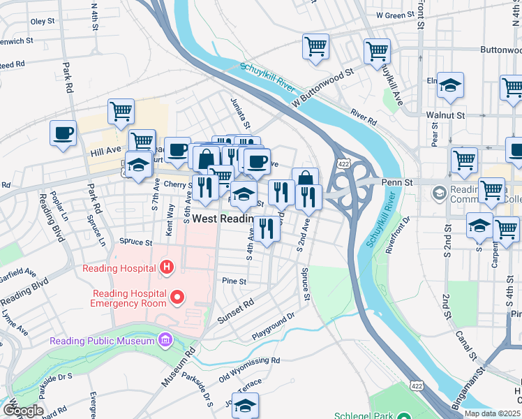 map of restaurants, bars, coffee shops, grocery stores, and more near 332 Franklin Street in West Reading