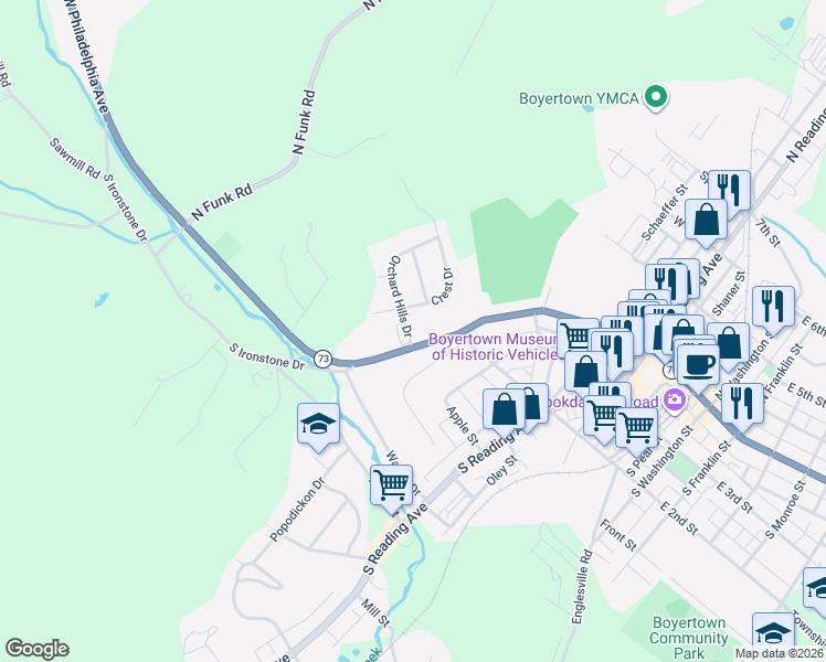 map of restaurants, bars, coffee shops, grocery stores, and more near 22 Orchard Hills Drive in Boyertown