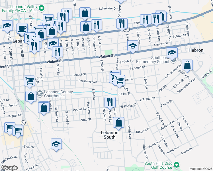 map of restaurants, bars, coffee shops, grocery stores, and more near 402 Noble Street in Lebanon