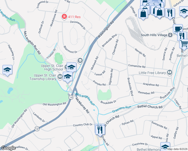 map of restaurants, bars, coffee shops, grocery stores, and more near 3297 Ponoka Road in Pittsburgh