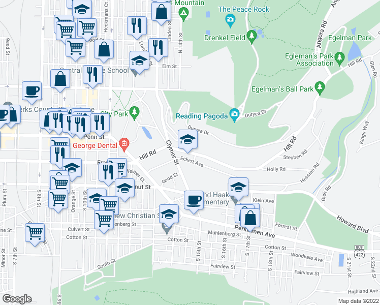 map of restaurants, bars, coffee shops, grocery stores, and more near 1480 Hill Road in Reading