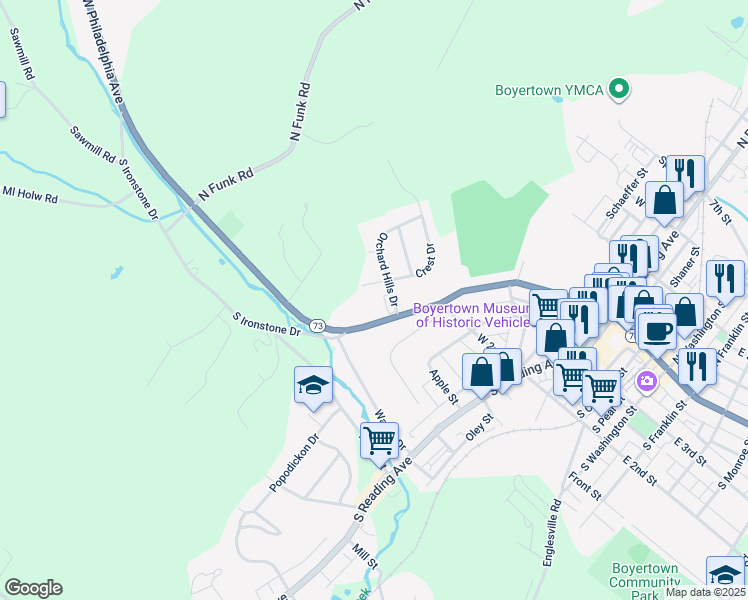 map of restaurants, bars, coffee shops, grocery stores, and more near 415 W Philadelphia Ave in Boyertown