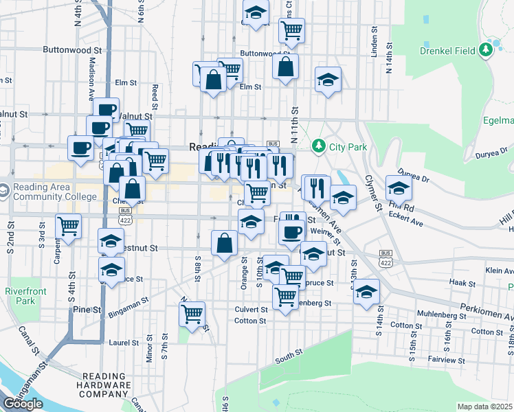 map of restaurants, bars, coffee shops, grocery stores, and more near 101 South 10th Street in Reading
