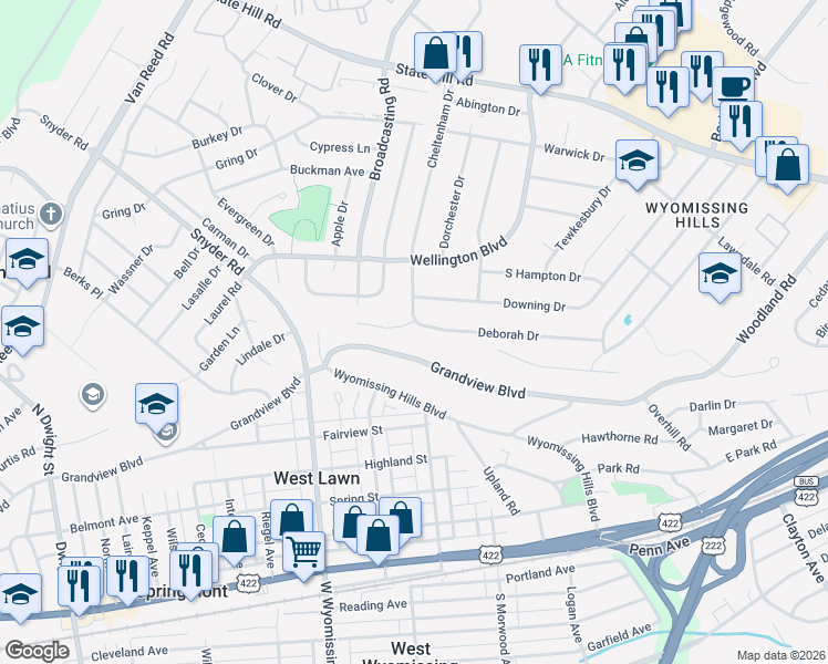 map of restaurants, bars, coffee shops, grocery stores, and more near 101 Grandview Boulevard in Reading