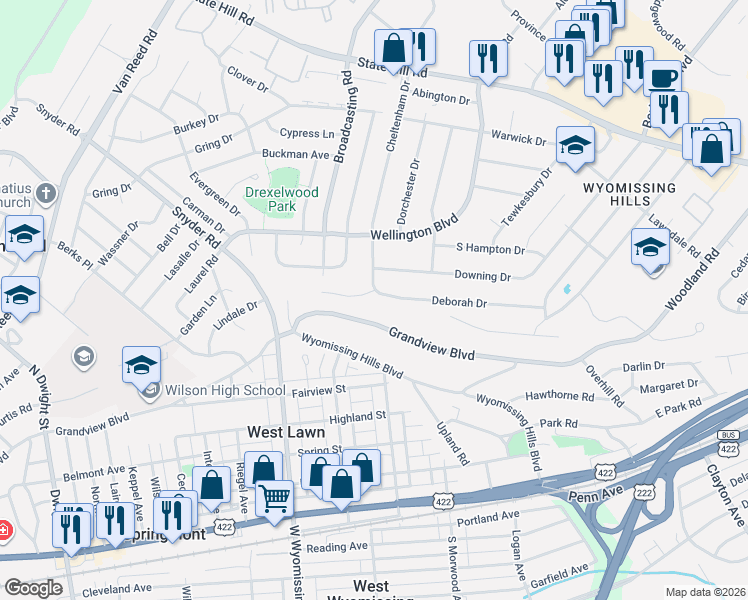 map of restaurants, bars, coffee shops, grocery stores, and more near 101 Robert Rd in Reading