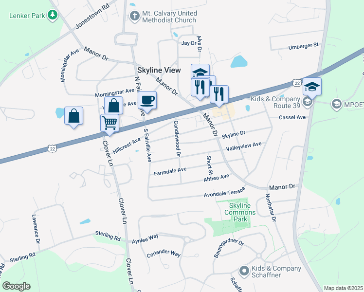 map of restaurants, bars, coffee shops, grocery stores, and more near 7717 Skyline Drive in Harrisburg