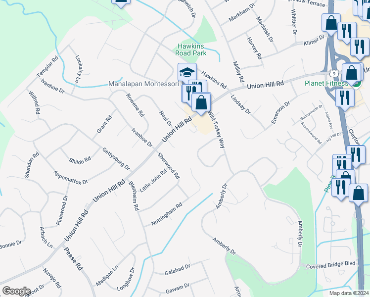 map of restaurants, bars, coffee shops, grocery stores, and more near 39 Nottingham Road in Manalapan Township