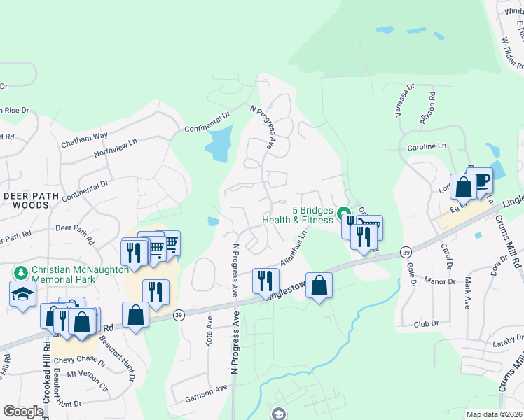 map of restaurants, bars, coffee shops, grocery stores, and more near 110 South Timber Court in Harrisburg