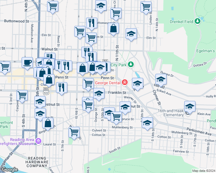 map of restaurants, bars, coffee shops, grocery stores, and more near 1022 Cherry Street in Reading