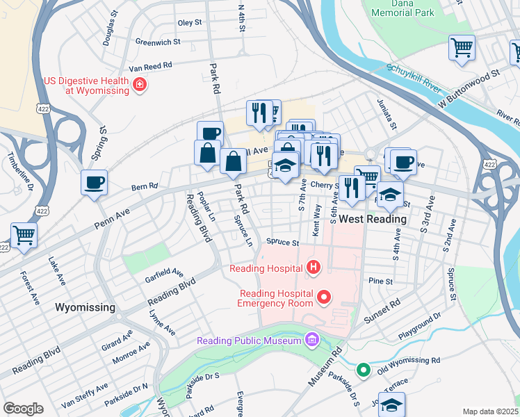 map of restaurants, bars, coffee shops, grocery stores, and more near 816 Holland Square in Wyomissing