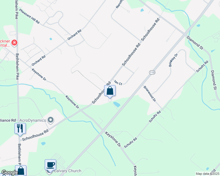 map of restaurants, bars, coffee shops, grocery stores, and more near 410 Schoolhouse Road in Sellersville