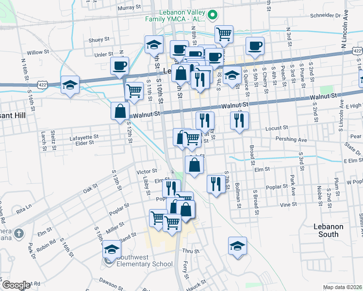 map of restaurants, bars, coffee shops, grocery stores, and more near 352 South Partridge Street in Lebanon