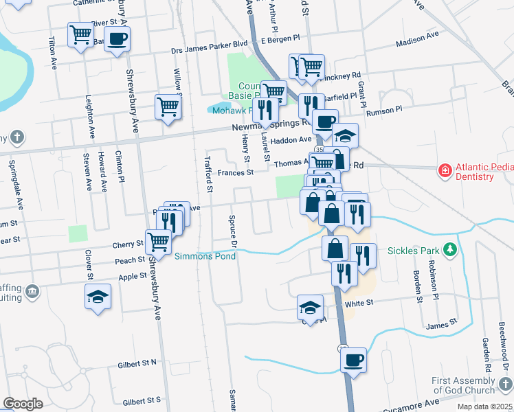 map of restaurants, bars, coffee shops, grocery stores, and more near 82 Patterson Avenue in Shrewsbury