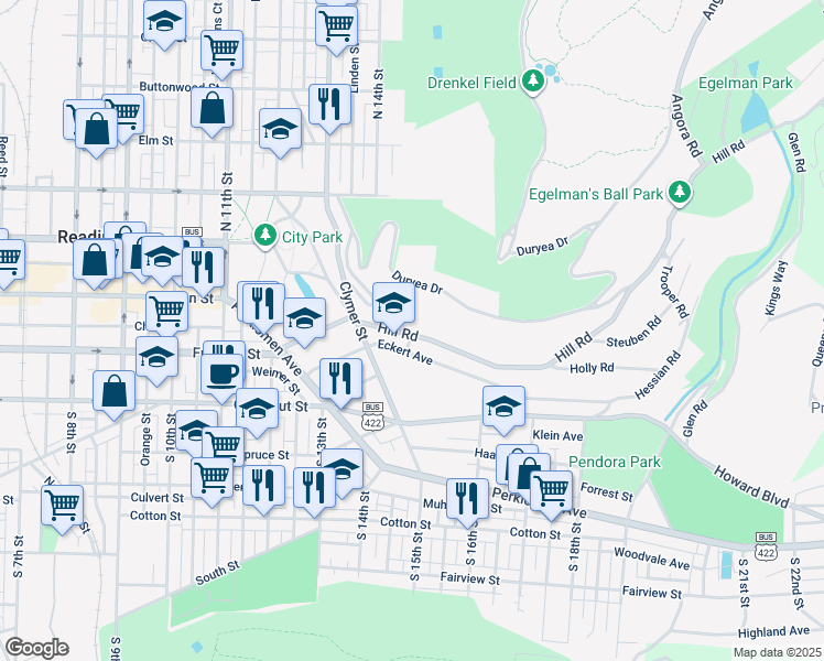 map of restaurants, bars, coffee shops, grocery stores, and more near 1517 Hill Road in Reading