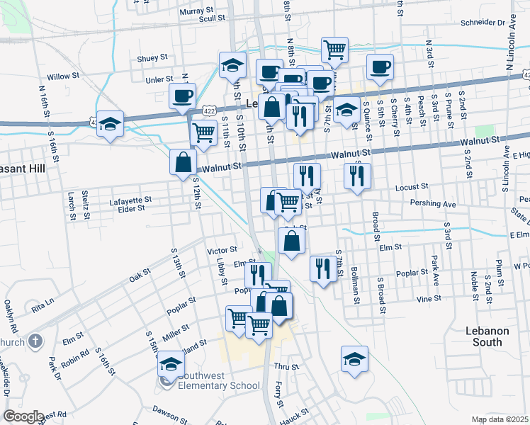 map of restaurants, bars, coffee shops, grocery stores, and more near 919 Elizabeth Street in Lebanon