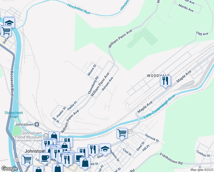 map of restaurants, bars, coffee shops, grocery stores, and more near 356 Ihmsen Avenue in Johnstown