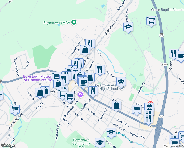 map of restaurants, bars, coffee shops, grocery stores, and more near 100 North Chestnut Street in Boyertown