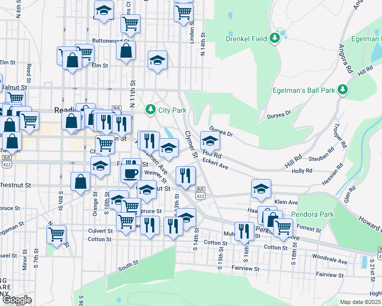 map of restaurants, bars, coffee shops, grocery stores, and more near 134 Clymer Street in Reading