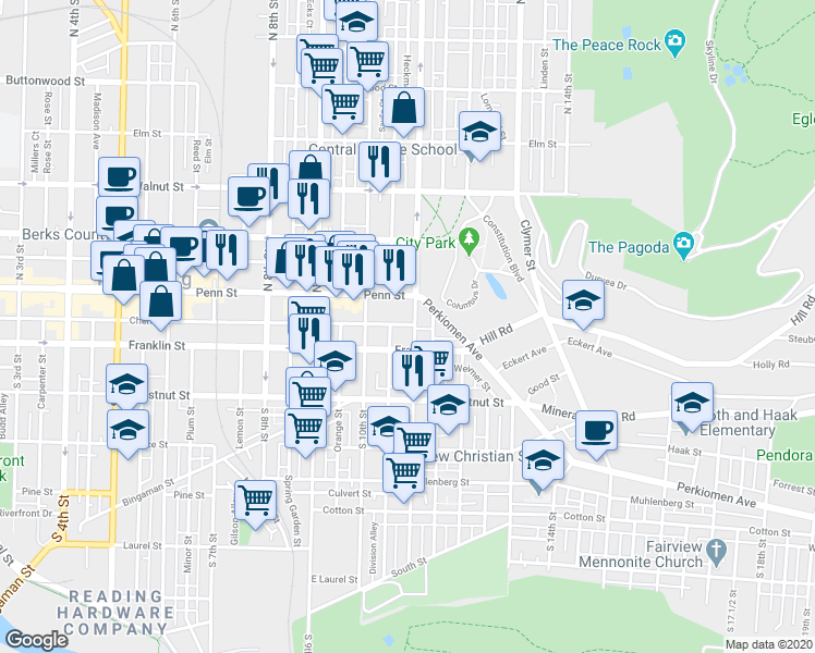 map of restaurants, bars, coffee shops, grocery stores, and more near 1049 Franklin Street in Reading
