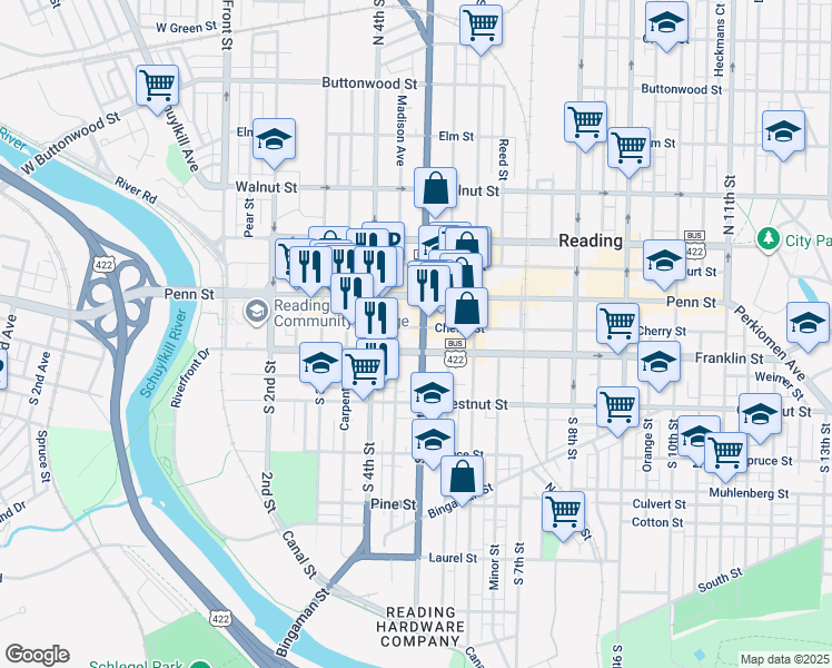 map of restaurants, bars, coffee shops, grocery stores, and more near 106 South 5th Street in Reading
