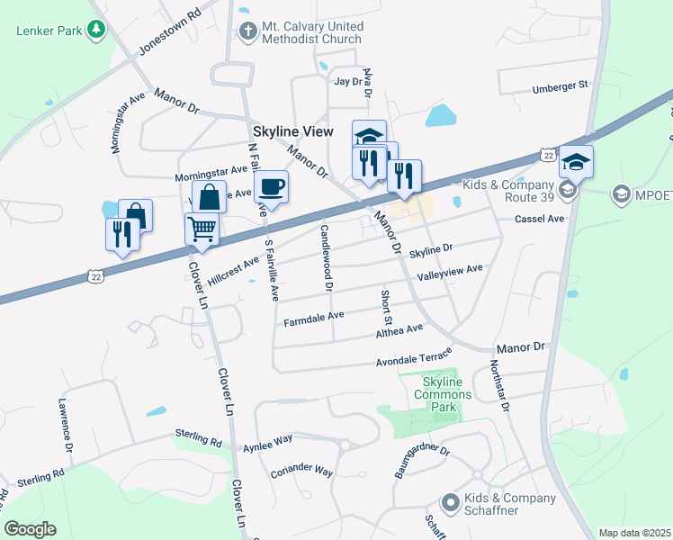 map of restaurants, bars, coffee shops, grocery stores, and more near 7717 Skyline Drive in Harrisburg