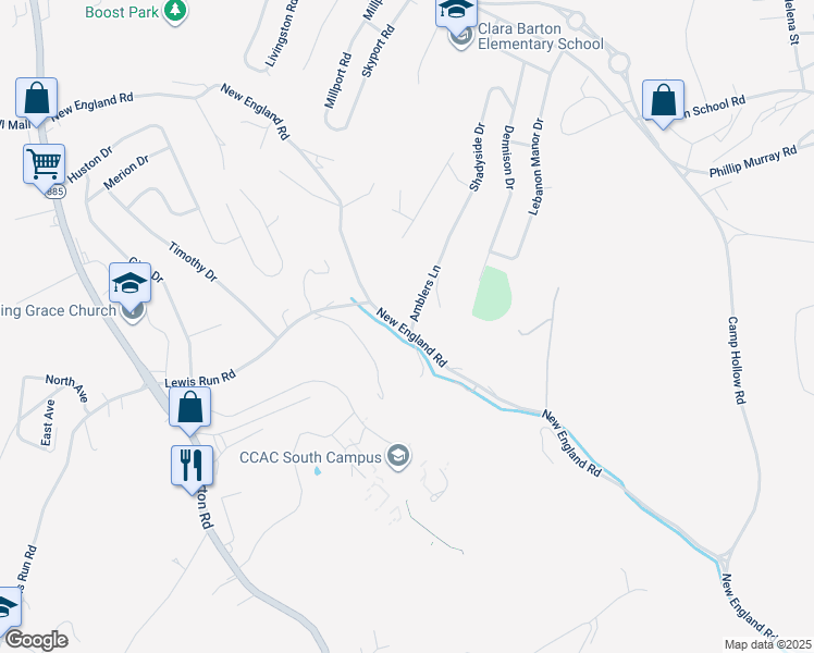 map of restaurants, bars, coffee shops, grocery stores, and more near 2601 New England Road in West Mifflin