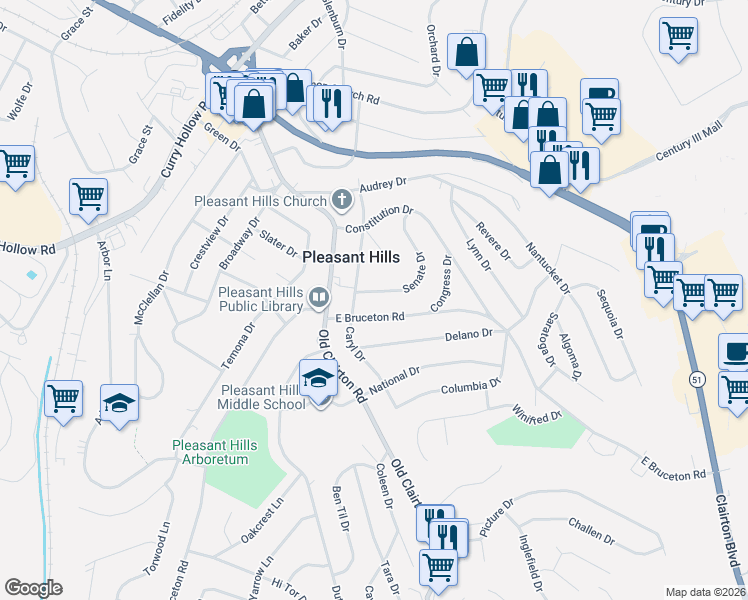 map of restaurants, bars, coffee shops, grocery stores, and more near 134 East Bruceton Road in Pittsburgh