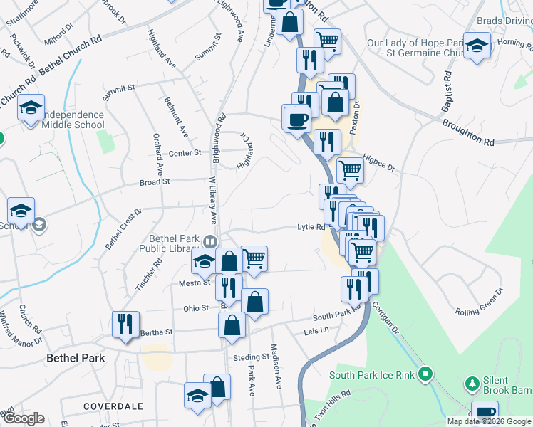 map of restaurants, bars, coffee shops, grocery stores, and more near 2530 Lytle Road in Bethel Park