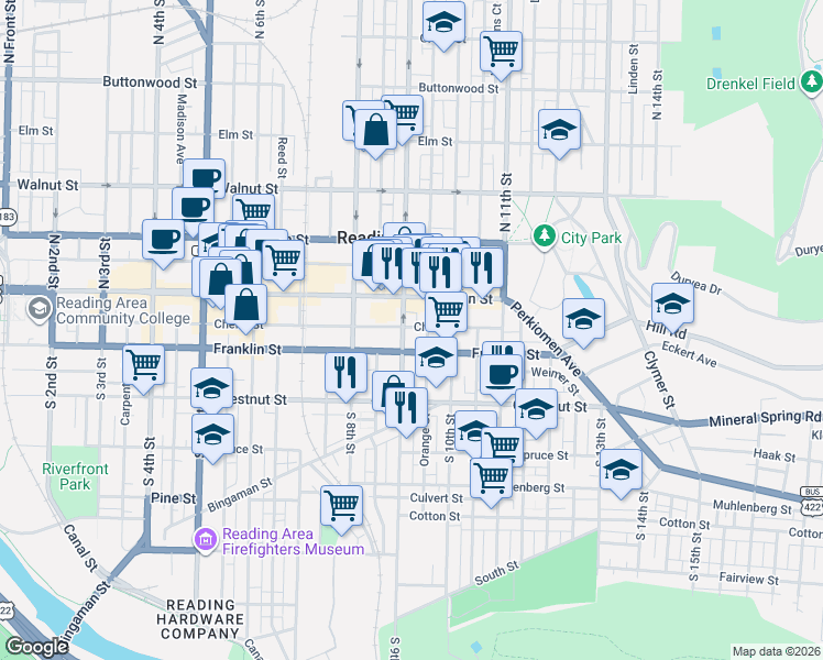 map of restaurants, bars, coffee shops, grocery stores, and more near 918 Franklin Street in Reading