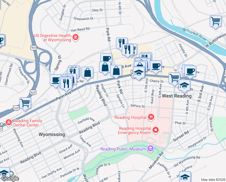 map of restaurants, bars, coffee shops, grocery stores, and more near 939 Wayne Avenue in Wyomissing