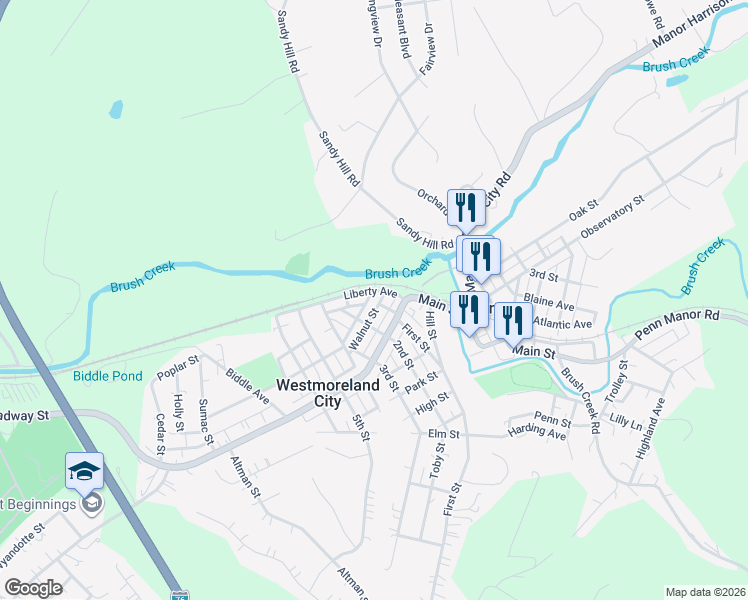 map of restaurants, bars, coffee shops, grocery stores, and more near 8557 Walnut Street in Westmoreland City