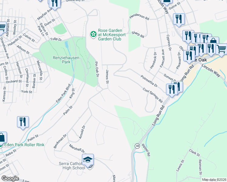 map of restaurants, bars, coffee shops, grocery stores, and more near 2404 James Street in McKeesport