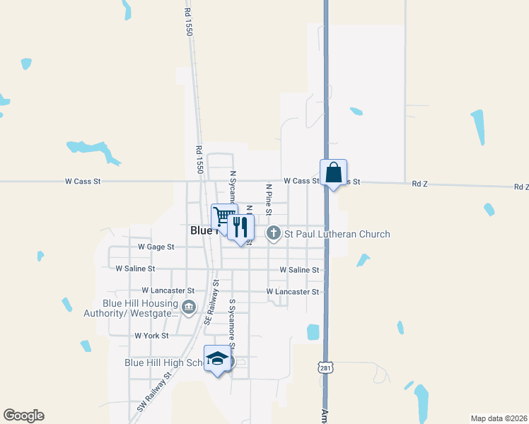 map of restaurants, bars, coffee shops, grocery stores, and more near 453-499 W Nemaha St in Blue Hill