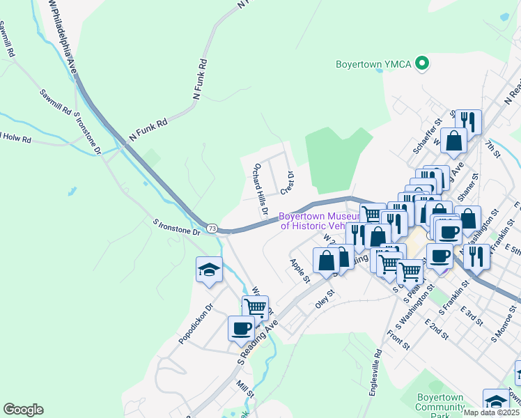 map of restaurants, bars, coffee shops, grocery stores, and more near 23 Orchard Hills Drive in Boyertown
