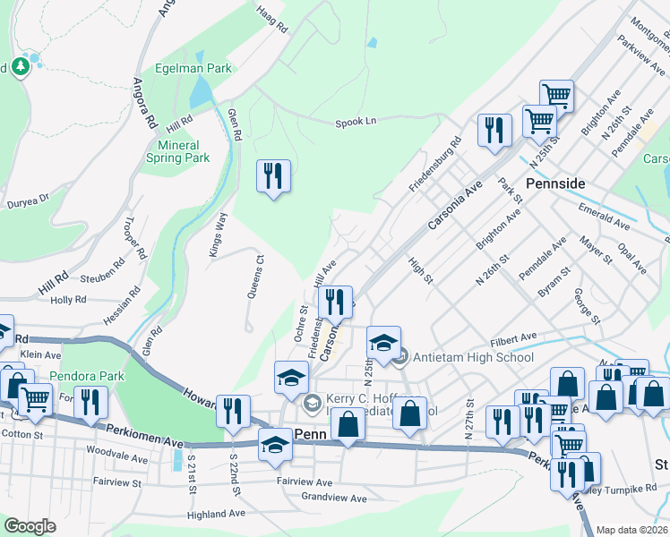 map of restaurants, bars, coffee shops, grocery stores, and more near 316 Friedensburg Road in Mount Penn