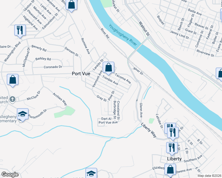 map of restaurants, bars, coffee shops, grocery stores, and more near 1810 Myer Avenue in McKeesport
