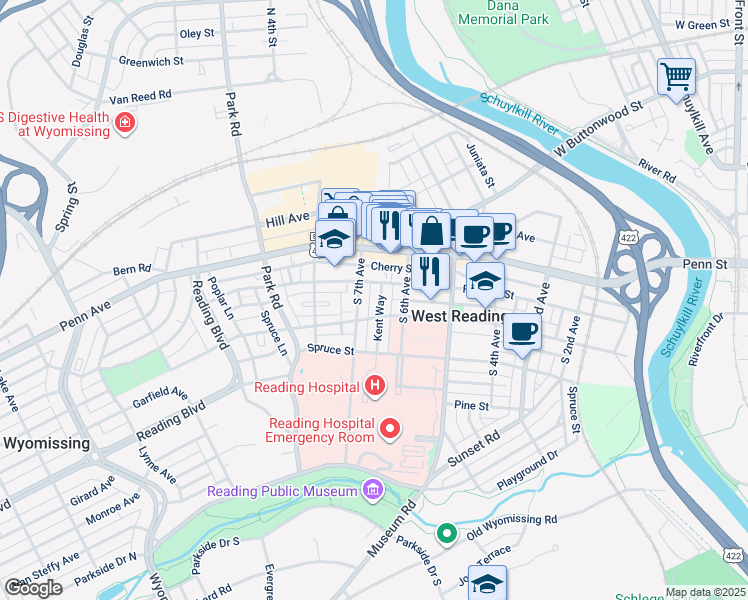 map of restaurants, bars, coffee shops, grocery stores, and more near 114 Kent Way in West Reading