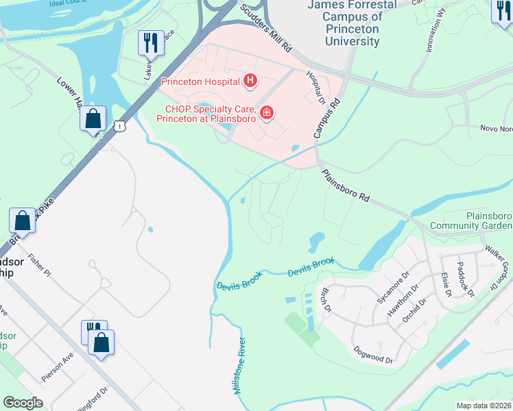 map of restaurants, bars, coffee shops, grocery stores, and more near 52 Riverwalk in Plainsboro Township