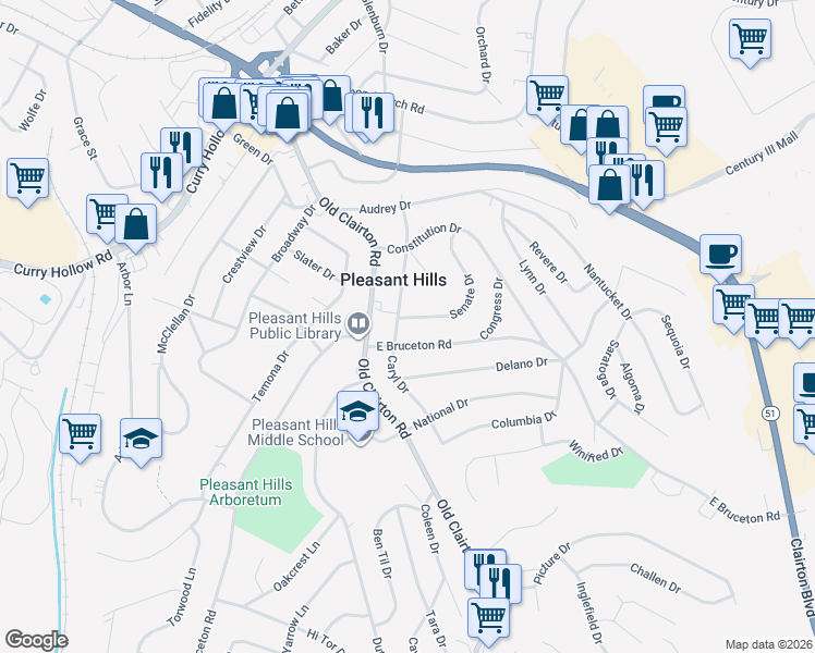 map of restaurants, bars, coffee shops, grocery stores, and more near 102 East Bruceton Road in Pittsburgh