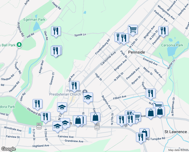 map of restaurants, bars, coffee shops, grocery stores, and more near 430 North 25th Street in Reading