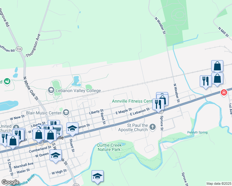 map of restaurants, bars, coffee shops, grocery stores, and more near 102 Northview Drive in Annville